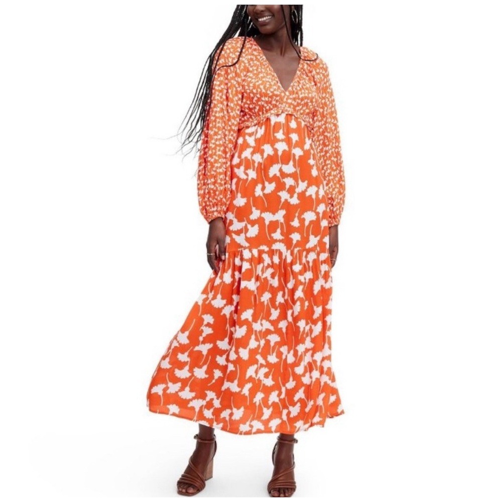 Diane Von Furstenberg x Target V-Neck Boho Ginkgo Cherry Tomato Maxi Dress Sz XS
